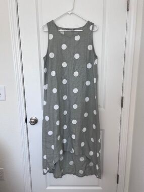 Pistache 100% Linen high-low polka dot dress